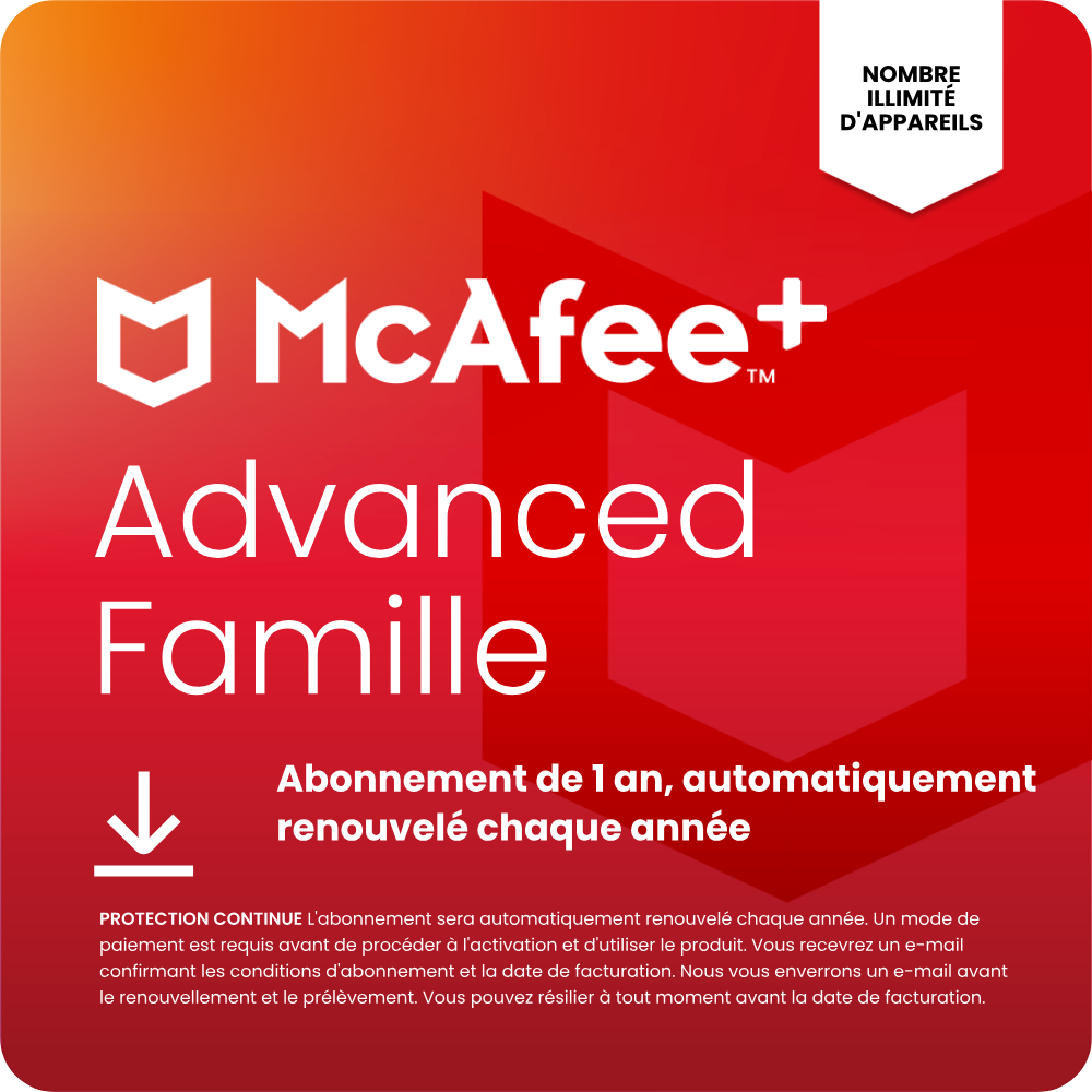 McAfee+ Advanced Famille 2025 - Illimité, abonnement d'un an, automatiquement renouvelé chaque année