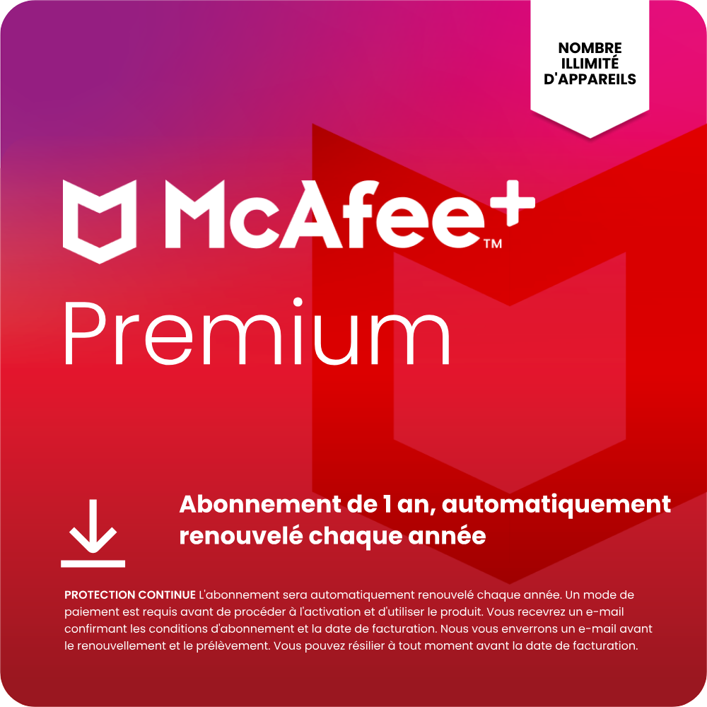 McAfee+ Premium Individuel 2025- Appareils Illimité, abonnement d'un an, automatiquement renouvelé chaque année