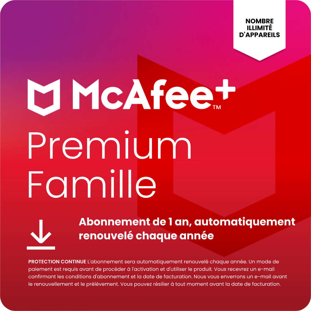 McAfee+ Premium Famille 2025 - Illimité, abonnement d'un an, automatiquement renouvelé chaque année