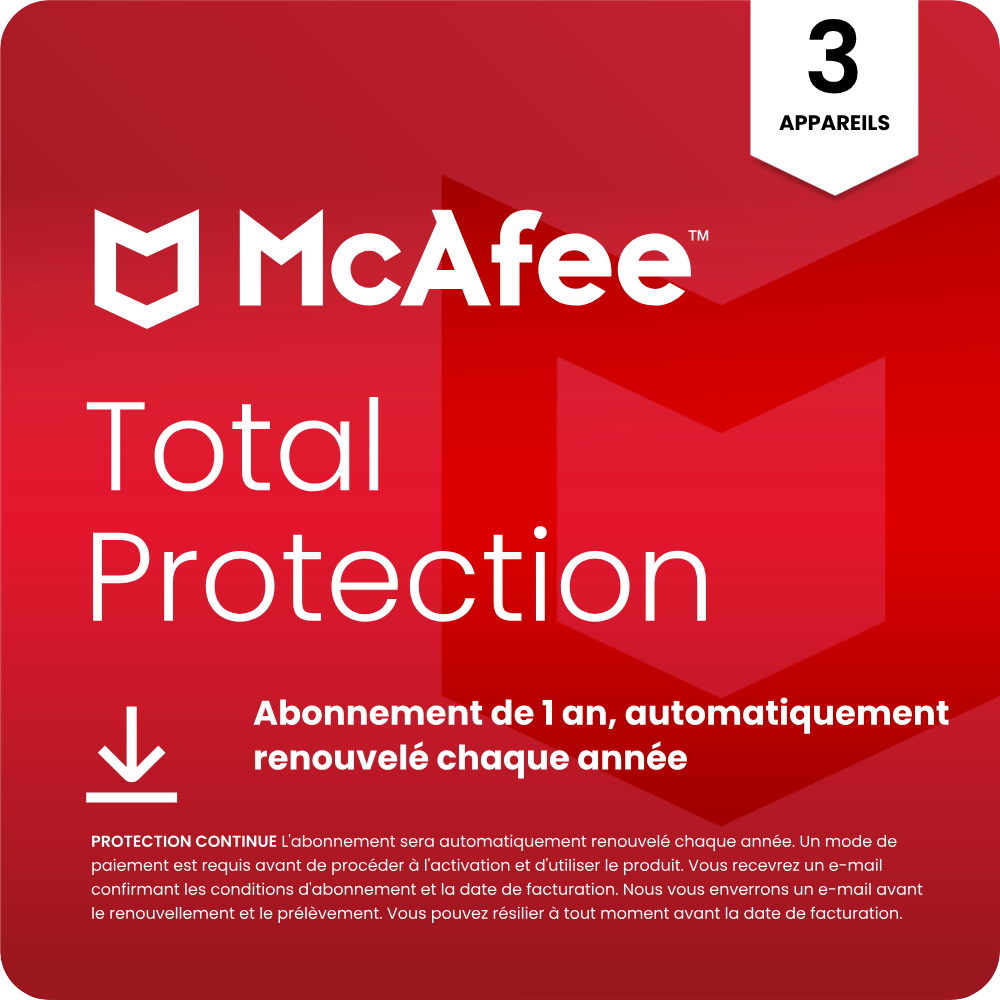 McAfee Total Protection 2025 - 03 appareils, abonnement d'un an, automatiquement renouvelé chaque année