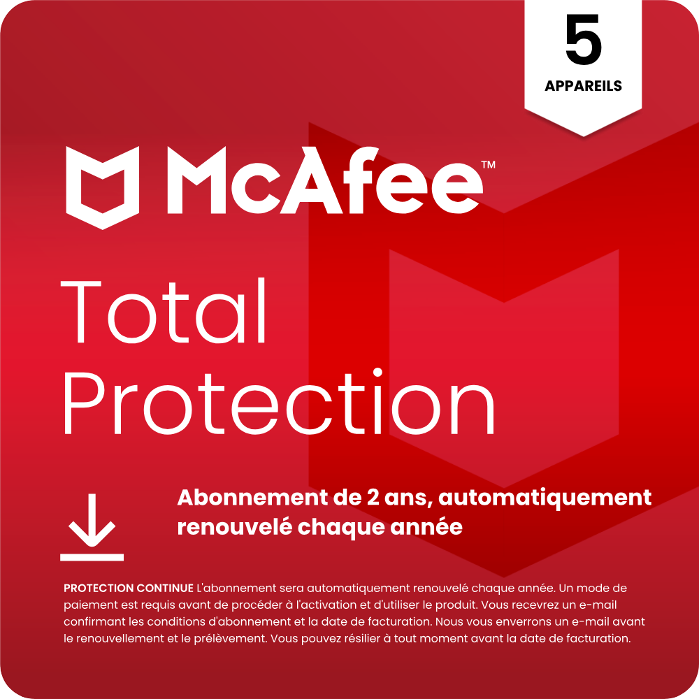 McAfee Total Protection 2025 - 05 appareils, abonnement 2 ans, automatiquement renouvelé chaque année